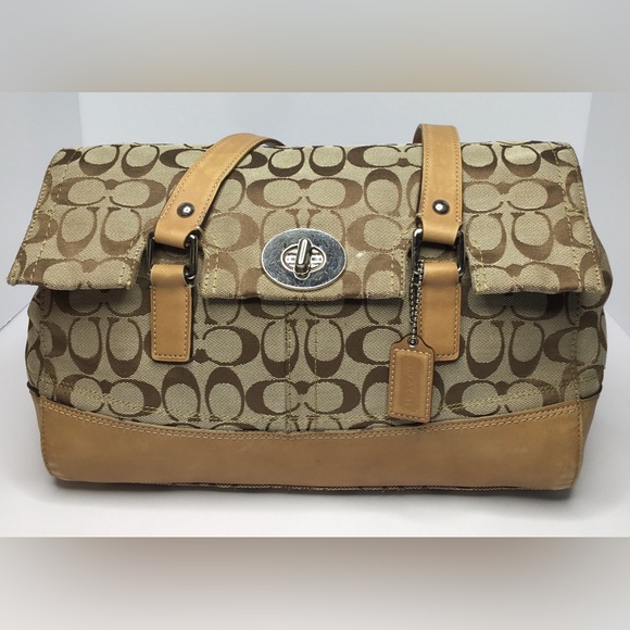 Coach Hamilton Signature Beige & Tan Satchel Bag Leather Straps No.J0872-F13070 - Picture 1 of 16